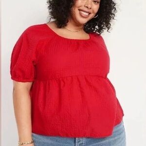 Old Navy Red Short Sleeve Puff Sleeve Babydoll Blouse Size XXL Casual Seersucker